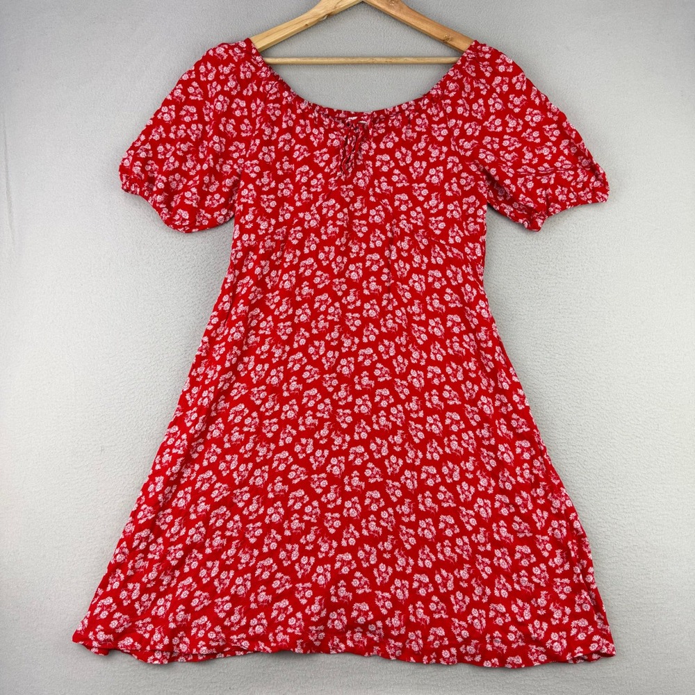 Dip Floral Babydoll Dress Women M‎ Red Boho Puff Sleeve Viscose Cottage Prairie